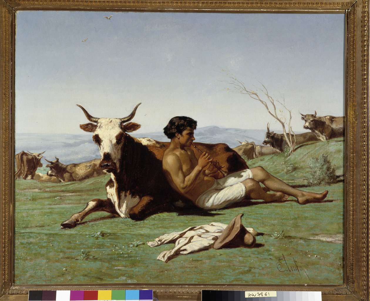 Nuori patre soittaa huilua. Emile Loubonin (1809-1863) maalaus. Pakollinen maininta: Collection fondation regards de Provence, Marseille tekijältä Emile Loubon