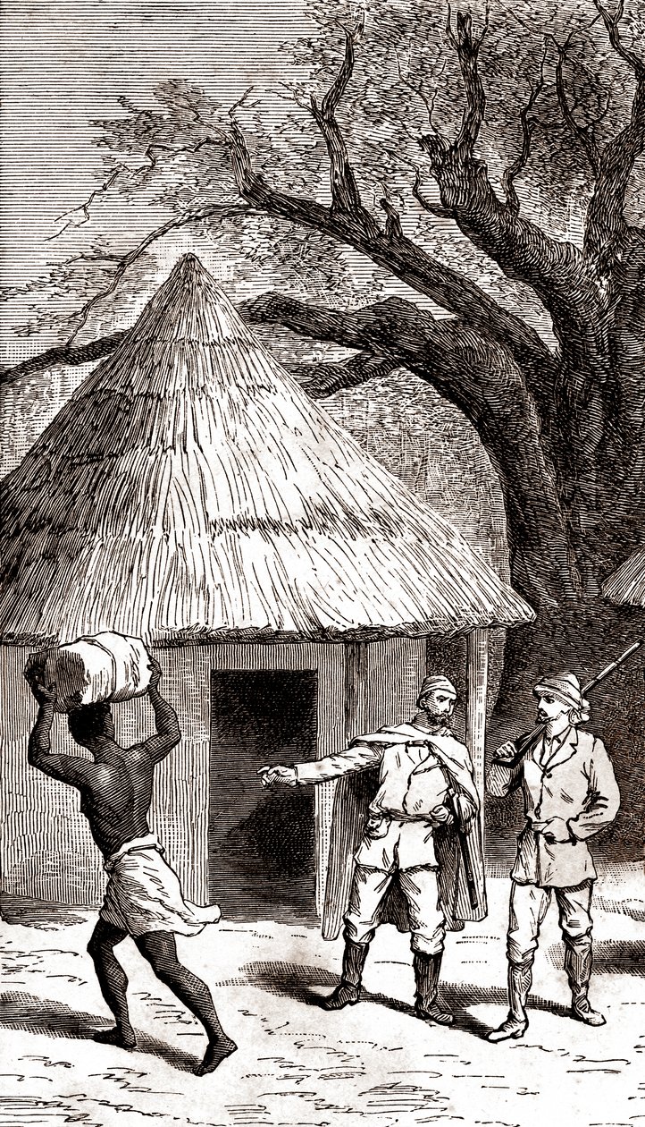 Tutkimusmatkailijoita ja kantajia afrikkalaisen majan edessä,1887 (