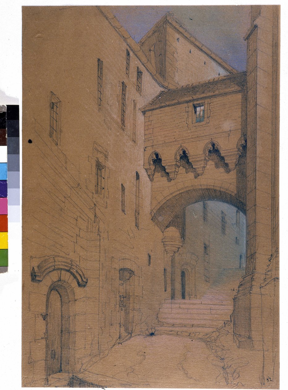Suuren asteen alku ja silta linnoittaa. Mont Saint Michel. Piirustus Emile Sagot. Avranchesin kunnallinen museo (Manche) tekijältä Emile Sagot
