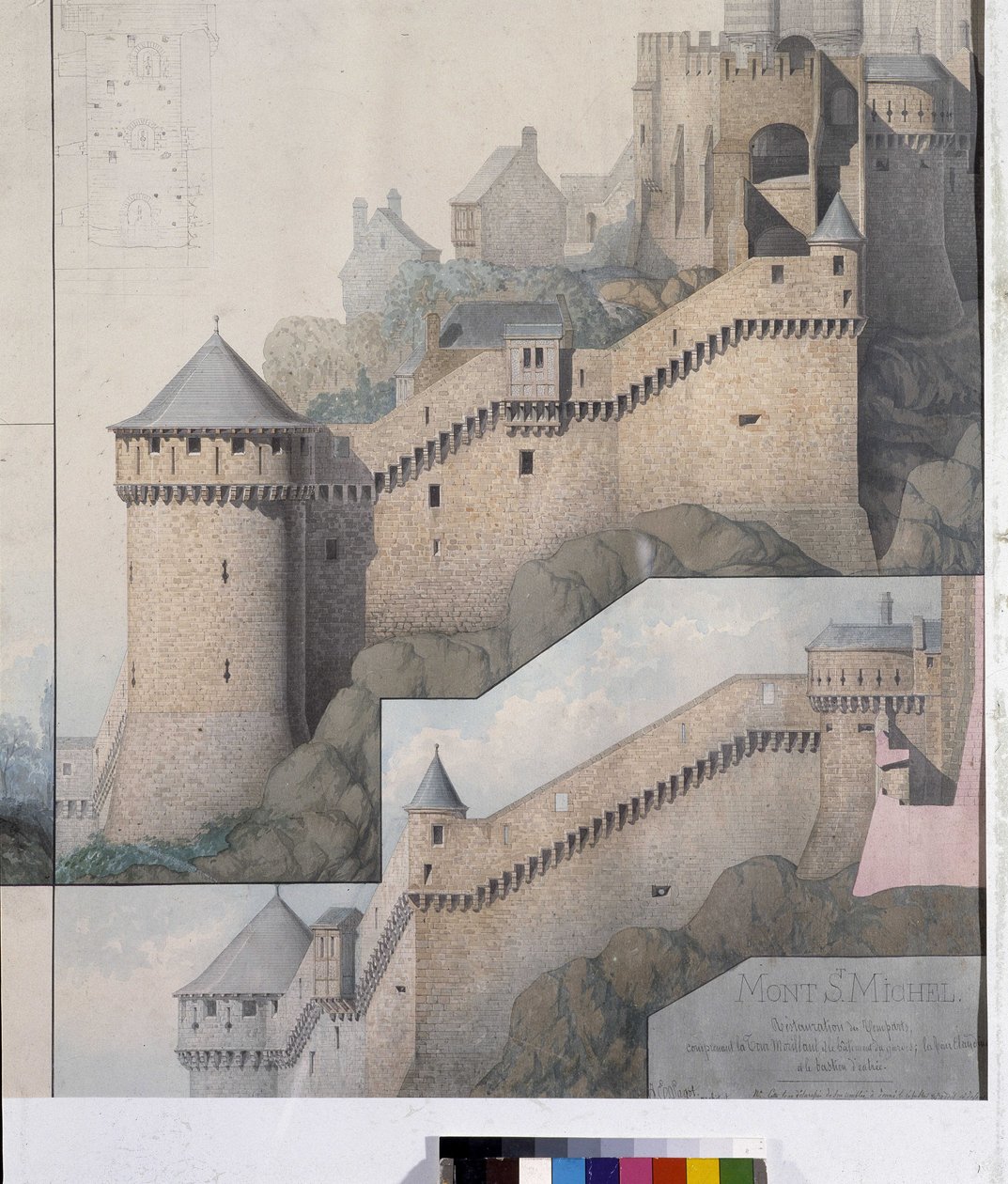 Näkymä machicoulisille pohjoistornin ja Mont Saint Michelin Claudine-tornin välillä. Piirustus Emile Sagot. Avranchesin kunnallinen museo (Manche) tekijältä Emile Sagot