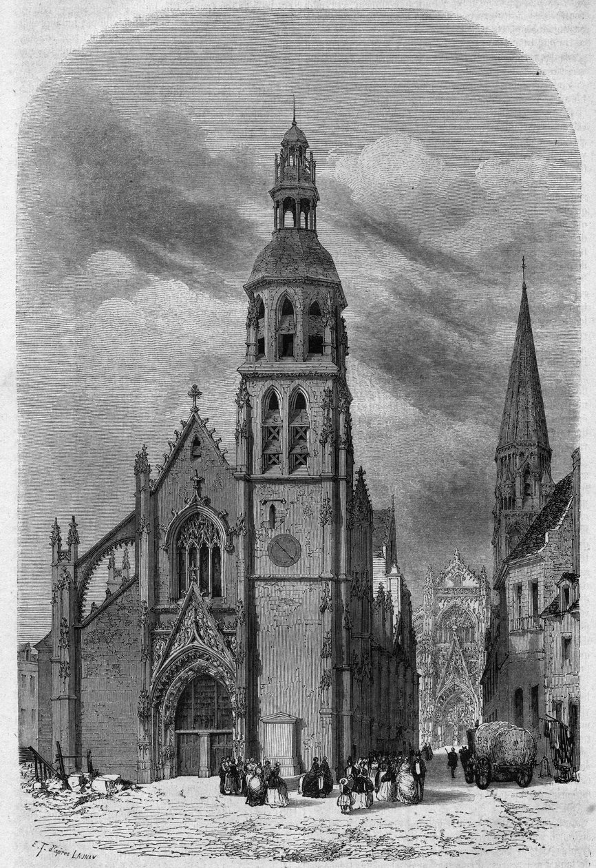Ulkonäkymä Vendomen, Loirin ja Cherin (41) Saint Martinin kirkosta (1400-1500-luku) ennen sen purkamista vuonna 1857. Therondin kaiverrus "" Le Magasin Picturesque"" tekijältä Emile Theodore Therond