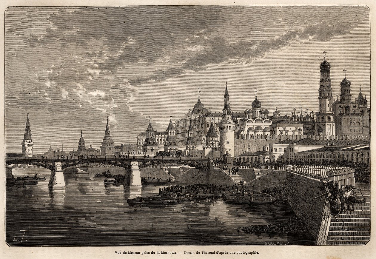 Yleiskuva Moskovasta, otettu Moskowasta, Therondin piirustus havainnollistamaan Ranskan ministeri de Bourboulonin matkaa Shanghaista Moskovaan vuosina 1859-1862. Kaiverrus kirjassa "" Le tour du monde", toimittanut Edouard Charton tekijältä Emile Theodore Therond