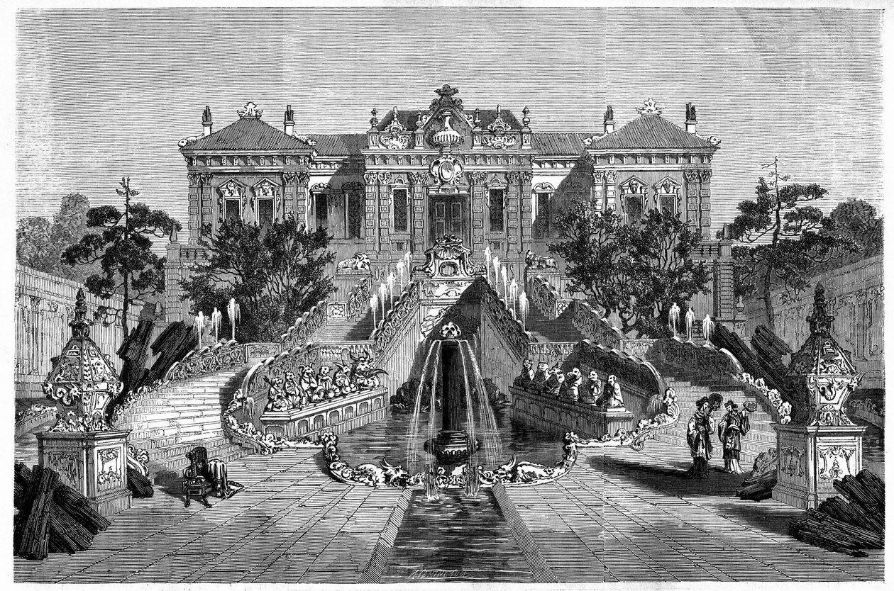 Haiyan Tang Pavilionissa on länsimaista arkkitehtuuria Ete Palacessa Pekinissä (Peking). Kaiverrus Therondin piirustuksen mukaan julkaisussa "" Le Tour du Monde, Nouveau Journal des Voyages", toimittanut Edouard Charton, Paris tekijältä Emile Theodore Therond