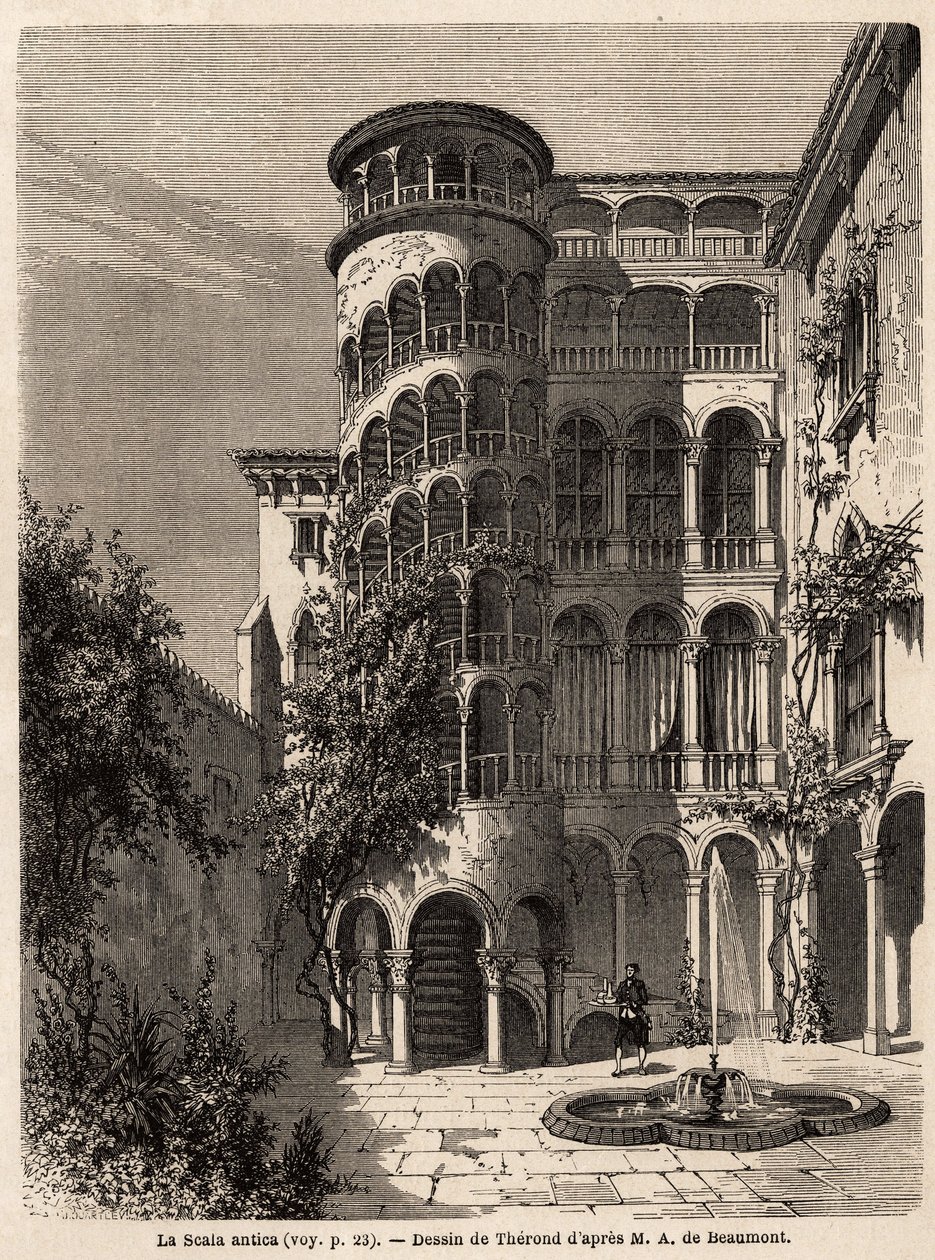 La Scala Antica, Therondin piirustus havainnollistamaan Adalbert de Beaumontin matkaa Venetsiaan noin 1850. Kaiverrus kirjaan "" Le tour du monde", toimittanut Edouard Charton tekijältä Emile Theodore Therond