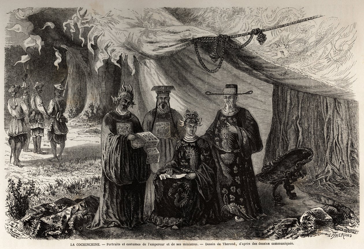 Annamin keisarin ja hänen ministereidensä Cochinchinen muotokuvat ja puvut, Therondin piirustus havainnollistamaan ainutlaatuista kirjeenvaihtoa Cochinchinen kanssa vuonna 1859. Kaiverrus kirjaan "" Le tour du monde, nouveau journal des voyages"" Paris tekijältä Emile Theodore Therond