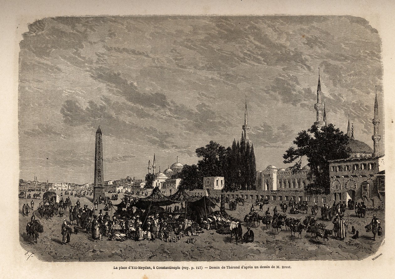 Ett Meydanin aukio, Konstantinopoli (nykyinen Istamboul, Turkki), Therondin piirustus havainnollistamaan F. Jerusalemyn vuonna 1862 tekemää tutkimusta turkkilaisnaisista. Kaiverrus kirjassa "" Le tour du monde", toimittanut Edouard Charton tekijältä Emile Theodore Therond