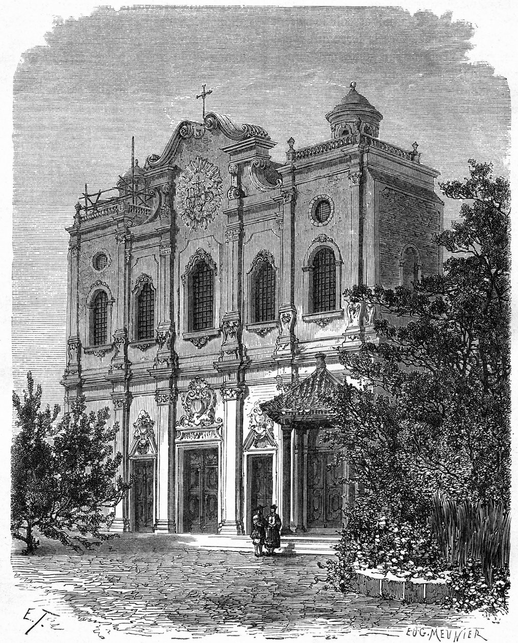 Näkymä Kiinan katolilaisuuden isän Matteo Riccin (1552-1610) talon paikalle rakennetun Nantangin katedraalin julkisivusta. Kaiverrus Therondin piirustuksen jälkeen julkaisussa "" Le Tour du Monde, Nouveau Journal des Voyages", toimittanut Edouard Chart tekijältä Emile Theodore Therond