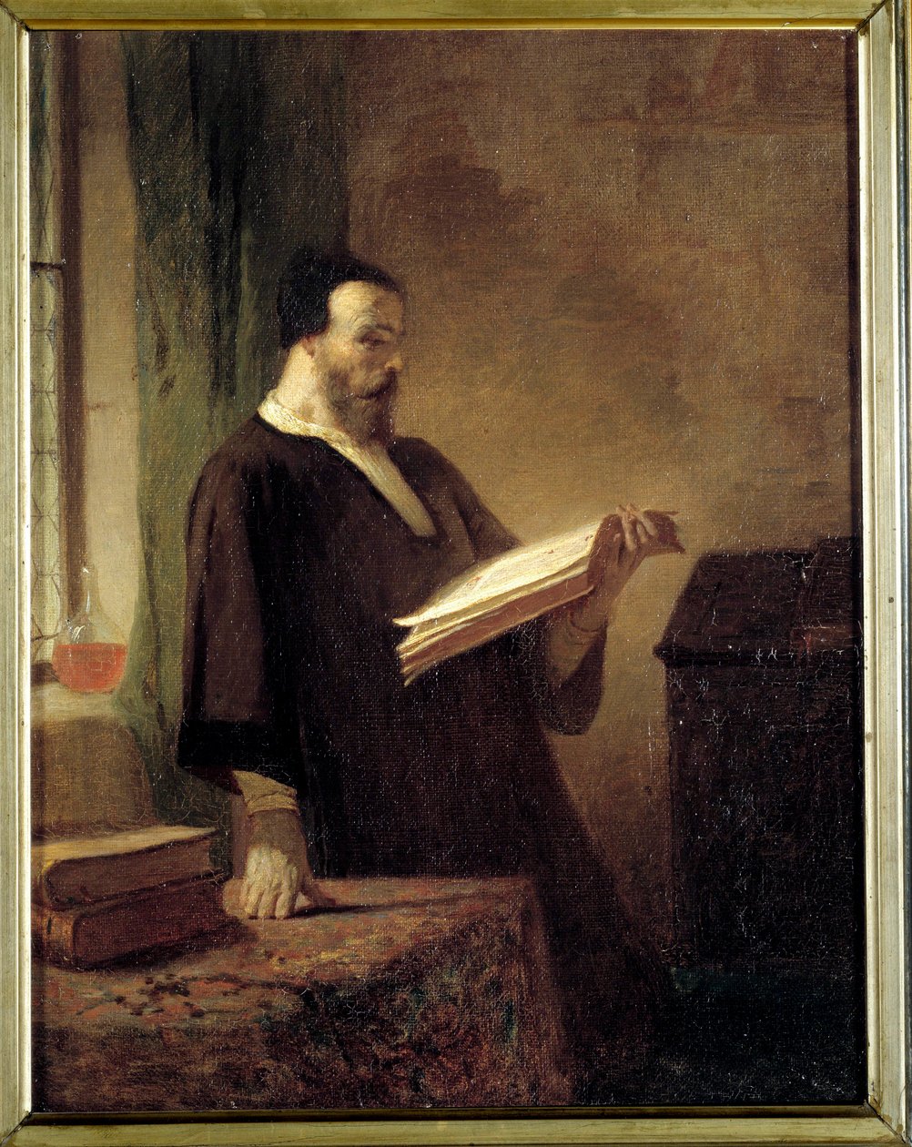 Bibliofiili Mies lukee kirjaa. Emile Vaude (1819-1884) maalaus 1800-luvun Troyes Museum of Fine Arts tekijältä Emile Vaude
