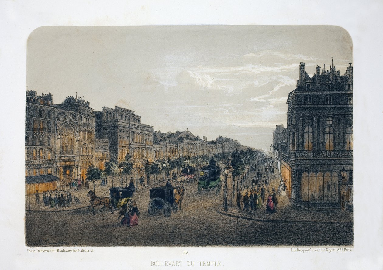 Boulevard du Temple, Pariisi. Litografia-akvarelli, kuvitus E.de la Tramblaiz, "Album, souvenirs de Paris"", Daziaro-toimittaja, Paris tekijältä Emile de la Tramblais