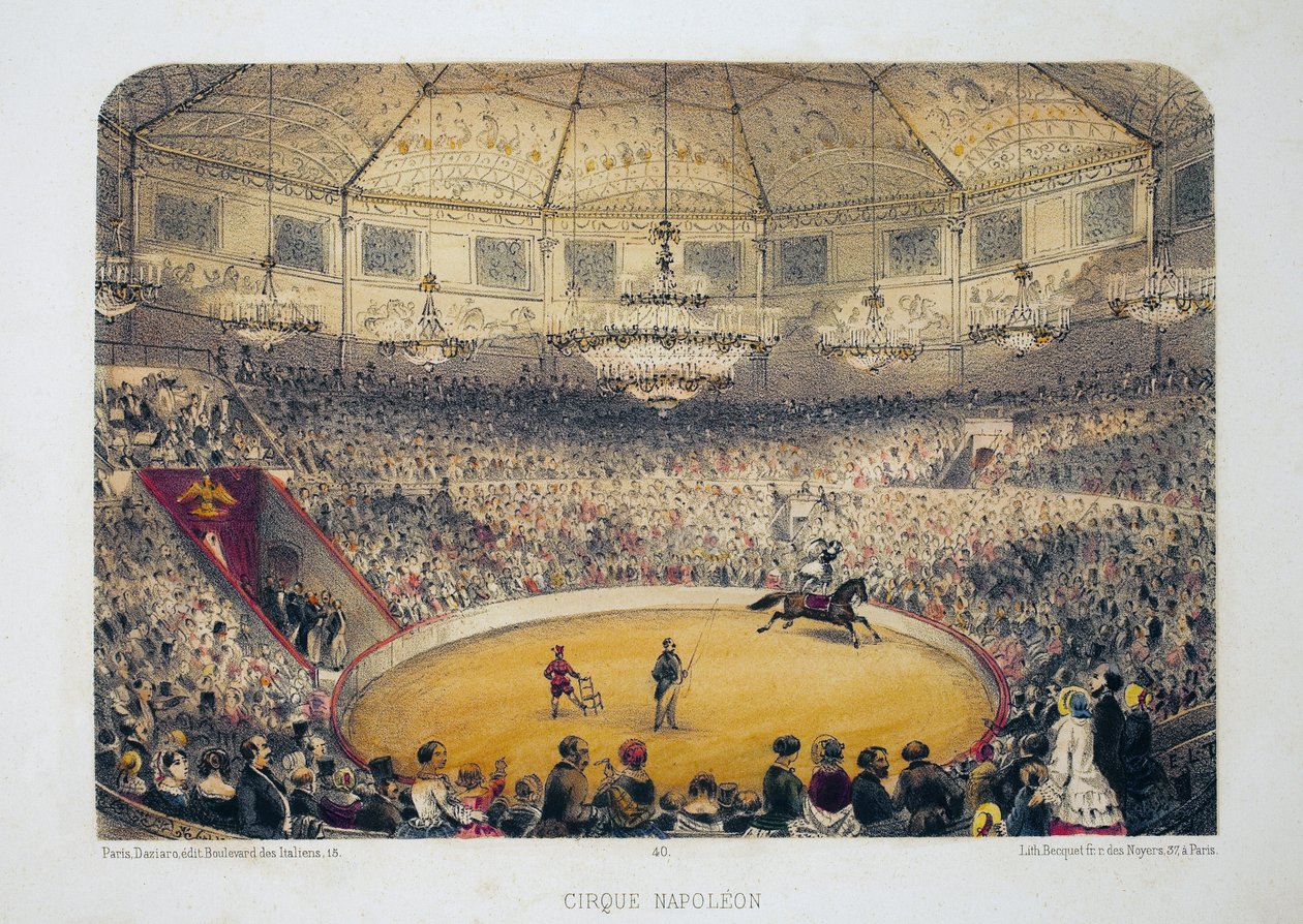 Cirque Napoleon (nykyinen talvisirkus, rue Amelot, Pariisi). Litografia-akvarelli, kuvitus E.de la Tramblaiz, "Album, souvenirs de Paris"", Daziaro-toimittaja, Paris tekijältä Emile de la Tramblais