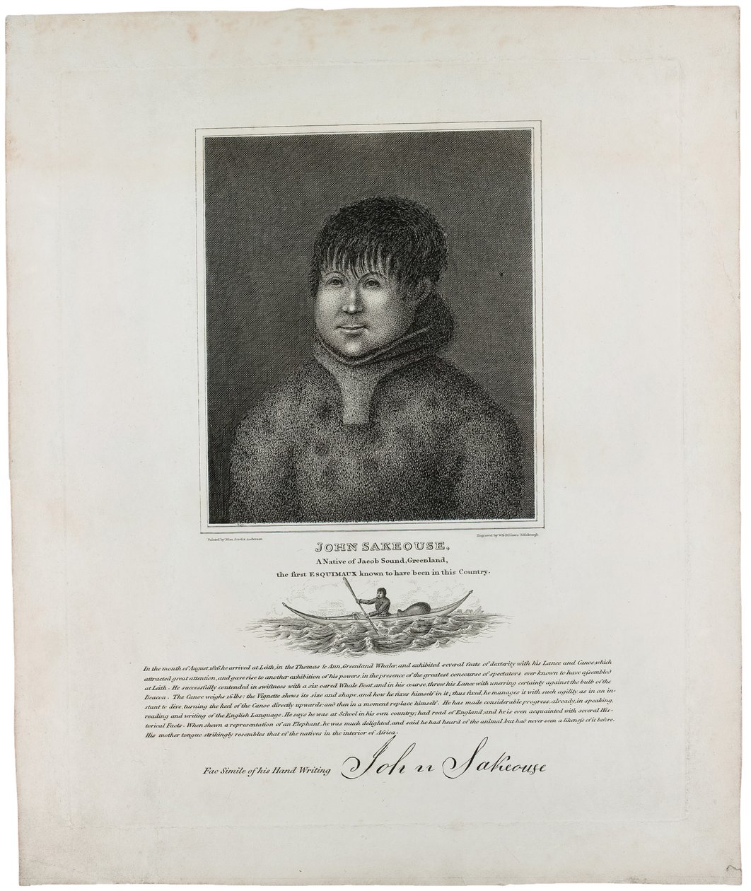 John Sakeouse, syntyperäinen Jacob Soundista, Grönlannista, ensimmäisestä esquimauxista, jonka tiedetään olleen tässä maassa, 1816 tekijältä Emilia Anderson