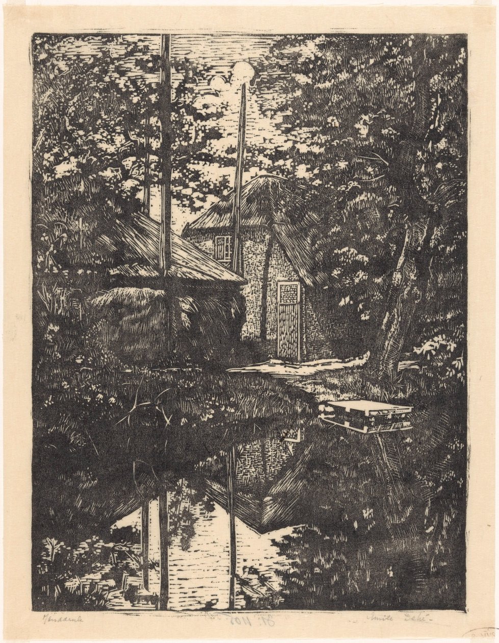 Maatila ja heinänavetta veden päällä tekijältä Emilius Wilhelmus Dehé (signed by artist)