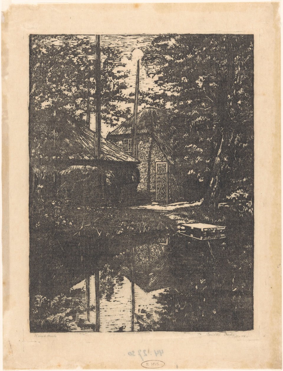 Maatila ja heinänavetta veden päällä tekijältä Emilius Wilhelmus Dehé (signed by artist)