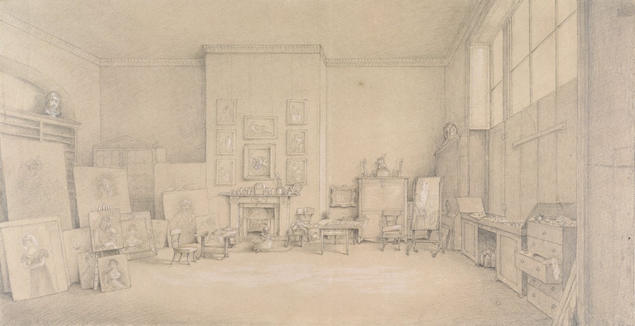 Sir Thomas Lawrencen studio; 65 Russell Square, Lontoo, 1824 (lyijykynä, korostettu valkoisilla vivahteilla) tekijältä Emily Calmady
