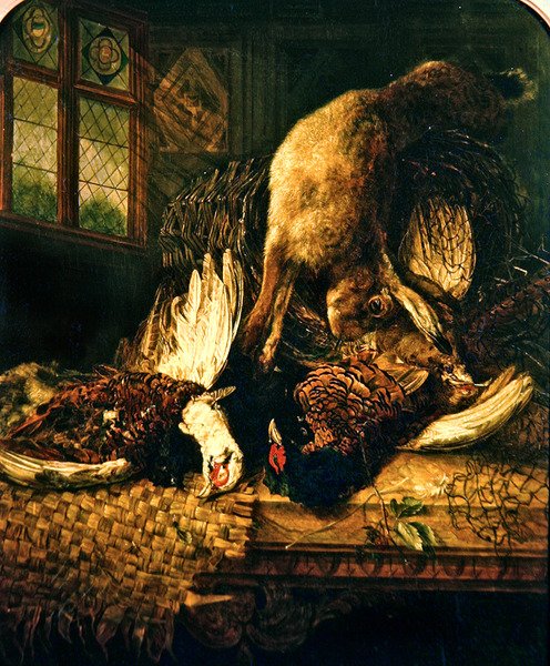 Asetelma fasaanien ja jänisten kanssa, n. 1860 (öljy kankaalle) tekijältä Emily Stannard