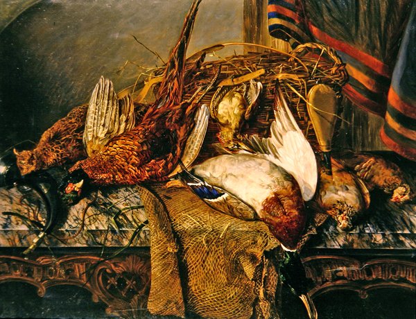 Asetelma fasaaneja marmoripöydällä, noin 1850 (öljy kankaalle). tekijältä Emily Stannard