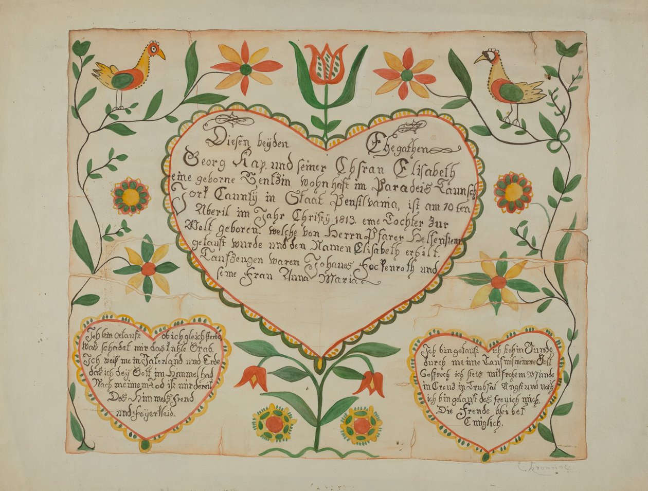 Fraktur - syntymä- ja kastetodistus tekijältä Emma M. Krumrine