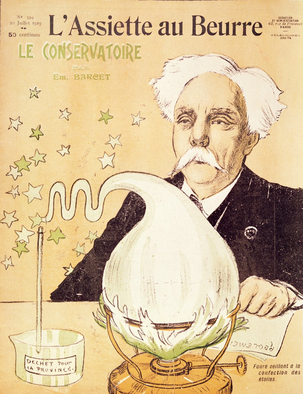 Karikatyyri Gabriel Fauresta (1845-1924) luomassa tähtiä, "L