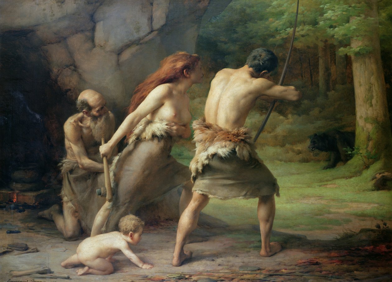 Esihistoriallinen mies metsästää karhuja, 1832 tekijältä Emmanuel Benner