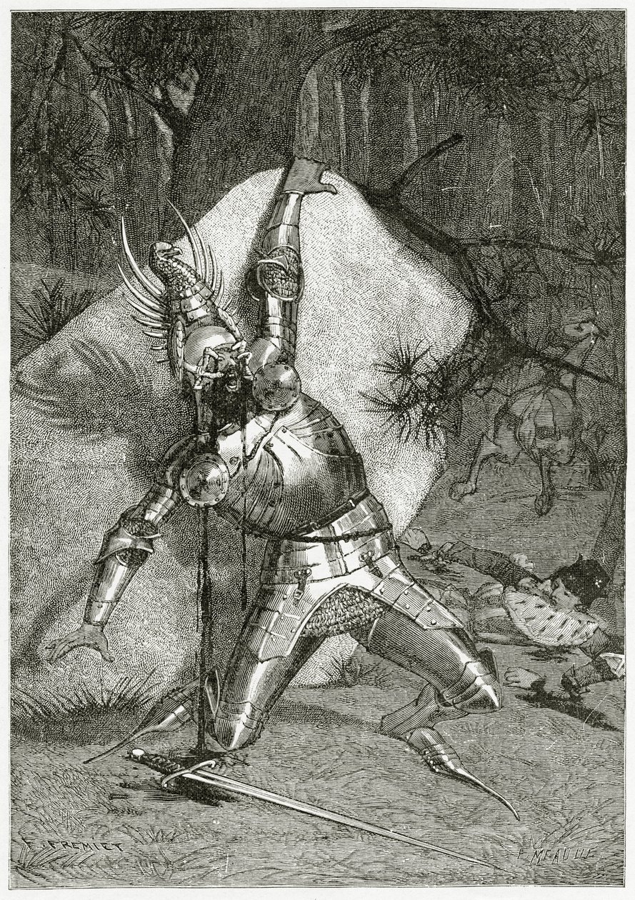 Tiphaine Blinded by his Bronze Eagle, 1800-luku (bw kaiverrus) tekijältä Emmanuel Fremiet