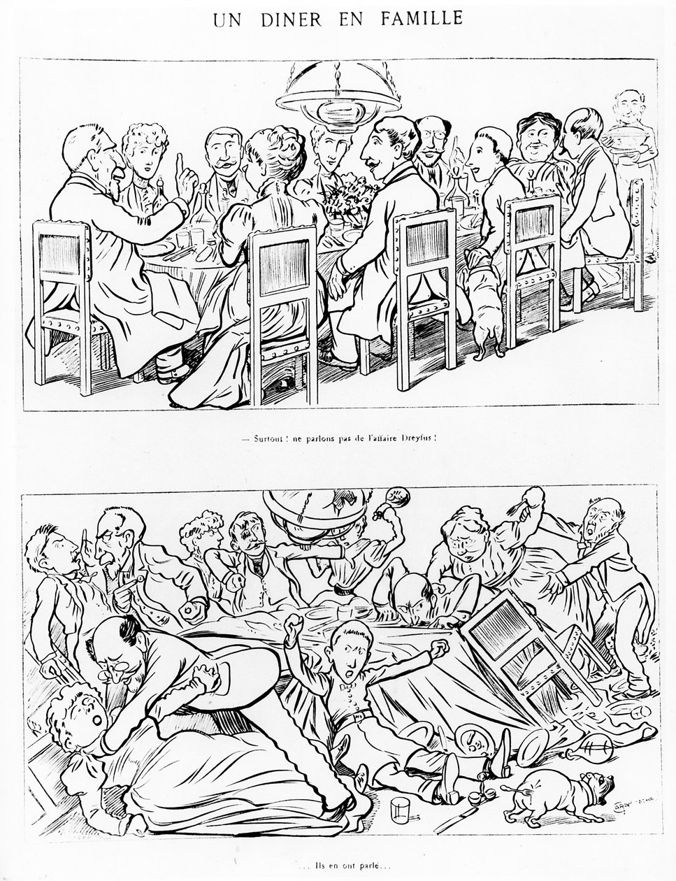 Karikatyyri perheillallisesta ennen ja jälkeen Dreyfus-tapauksesta puhumisen, n. 1894 tekijältä Emmanuel Poire Caran D