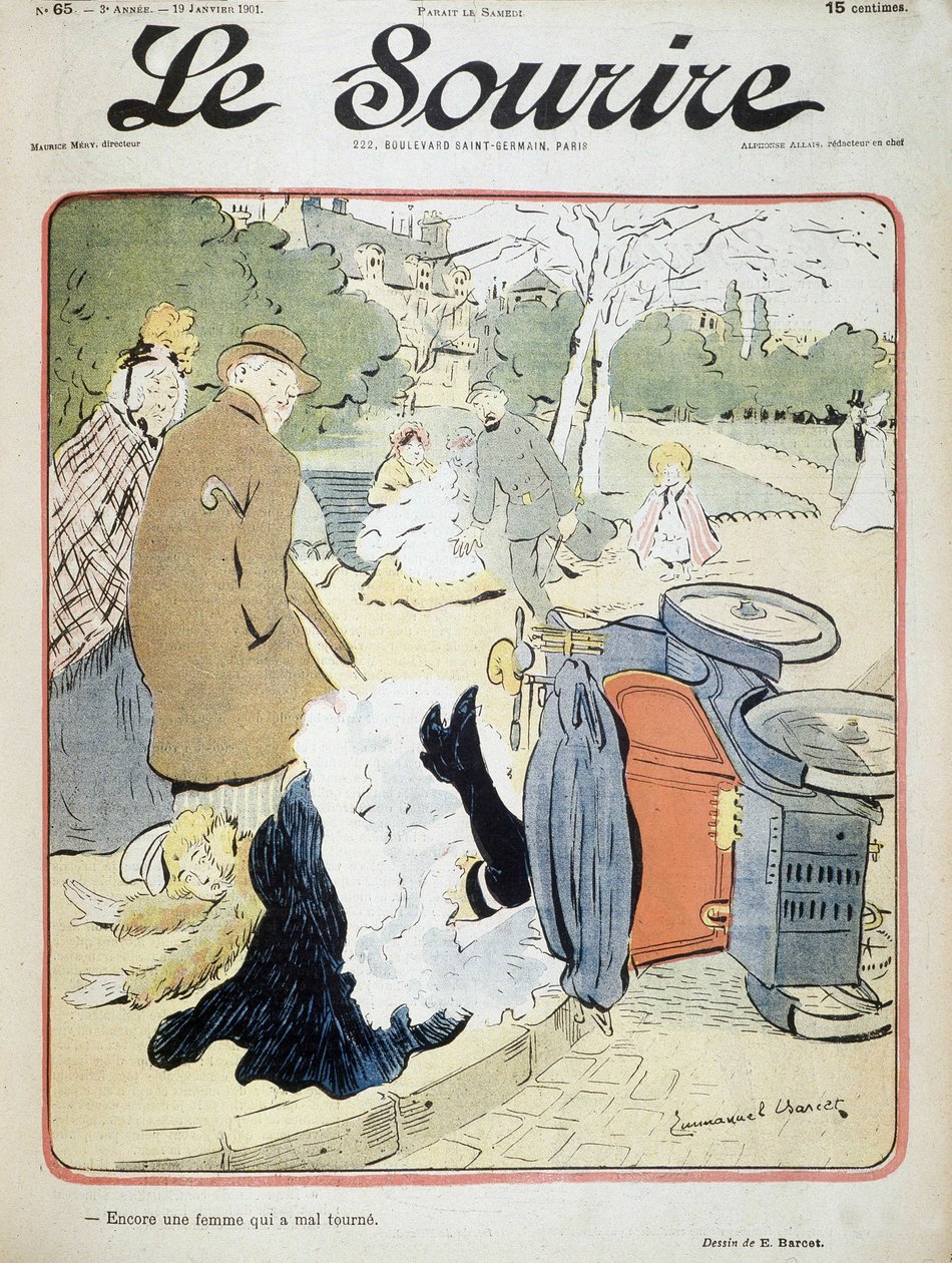 Auto-onnettomuus: "Toinen nainen, joka menee pieleen." Kuvitus: Emmanuel Barcet (1870-1940) - elokuvassa "" Le Smile" 19.1.1901 tekijältä Emmanuel Barcet