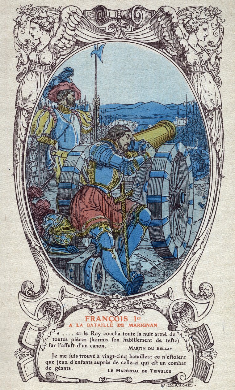 Ranskan kuningas Francois I (1494-1547) Marignanin taistelussa 13. ja 14. syyskuuta 1515. Emmanuel Blanchen (1880-1946) kaiverrus vuodelta 1914. DR Yksityinen kokoelma. tekijältä Emmanuel Blanche