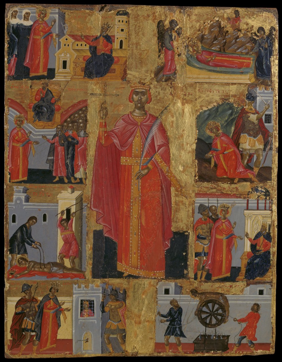 Pyhän Katariinan ikoni ja kohtaukset hänen elämästään (munan tempera paneelissa) tekijältä Emmanuel Tzanes