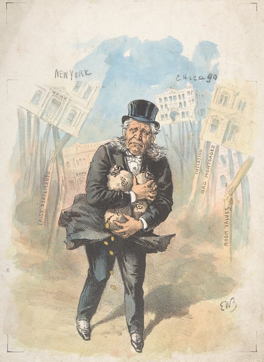 Mies puristaa rahapusseja pankkien romahtaessa, 1800-luvun loppu - 1900-luvun alku. tekijältä Emmanuel Wyttenbach