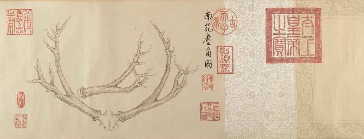 Kaksi maalausta hirvensarvista, päivätty 1762 ja 1767. tekijältä Emperor Qianlong