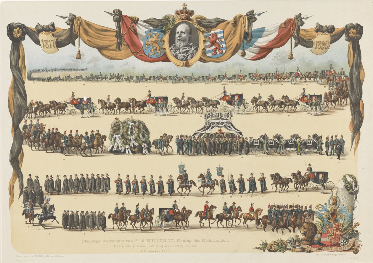 Alankomaiden kuninkaan H.M. Willem III:n juhlalliset hautajaiset (...) 4. joulukuuta 1890 (esineessä oleva otsikko) tekijältä Emrik and Binger