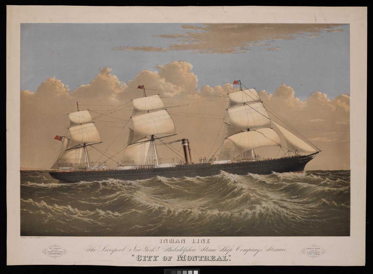 Inman Line, The Liverpool, New York  Philadelphia Steam Ship Companyn höyrylaiva City of Montreal (litografia, värillinen). tekijältä Endicott Endicott