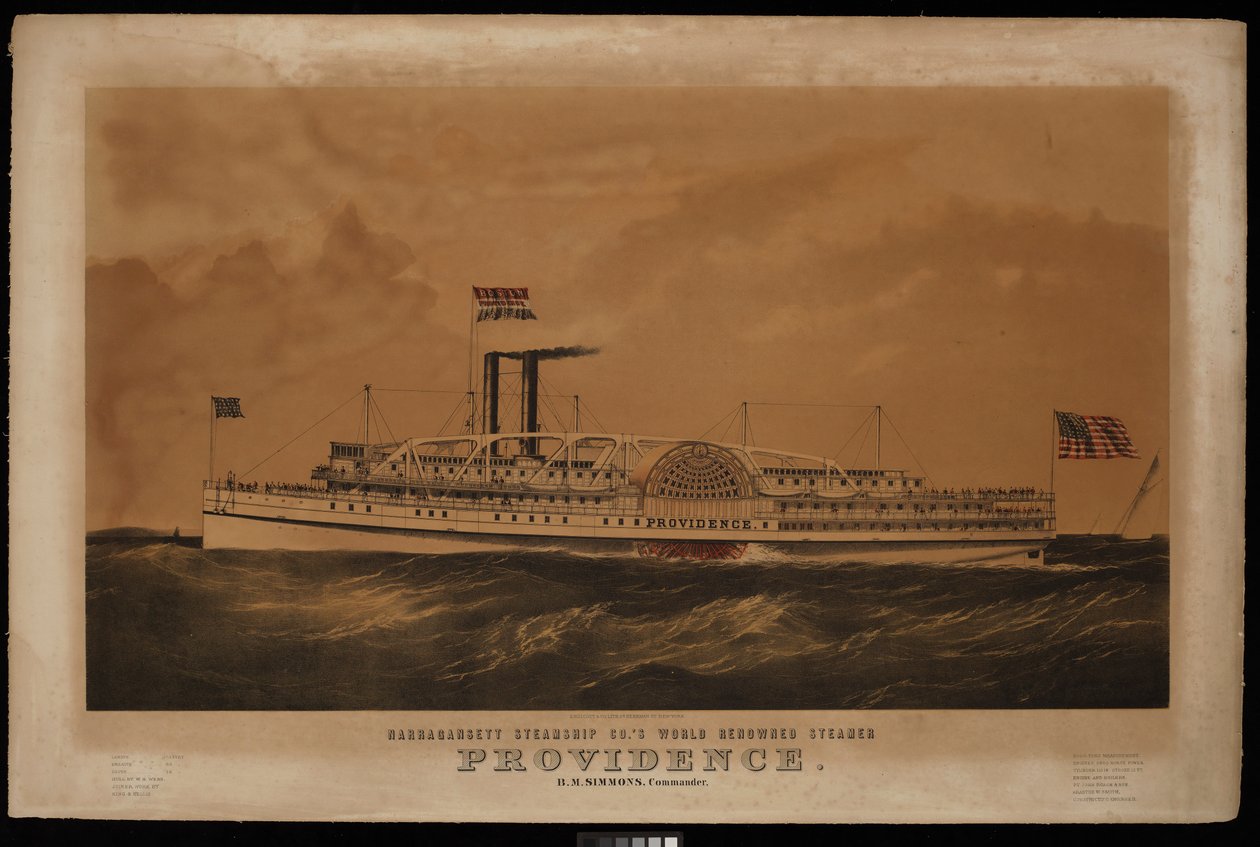 Narragansett Steamship Co:n maailmankuulu höyrylaiva Providence B M Simmons. Commander... (litografia, värillinen) tekijältä Endicott Endicott