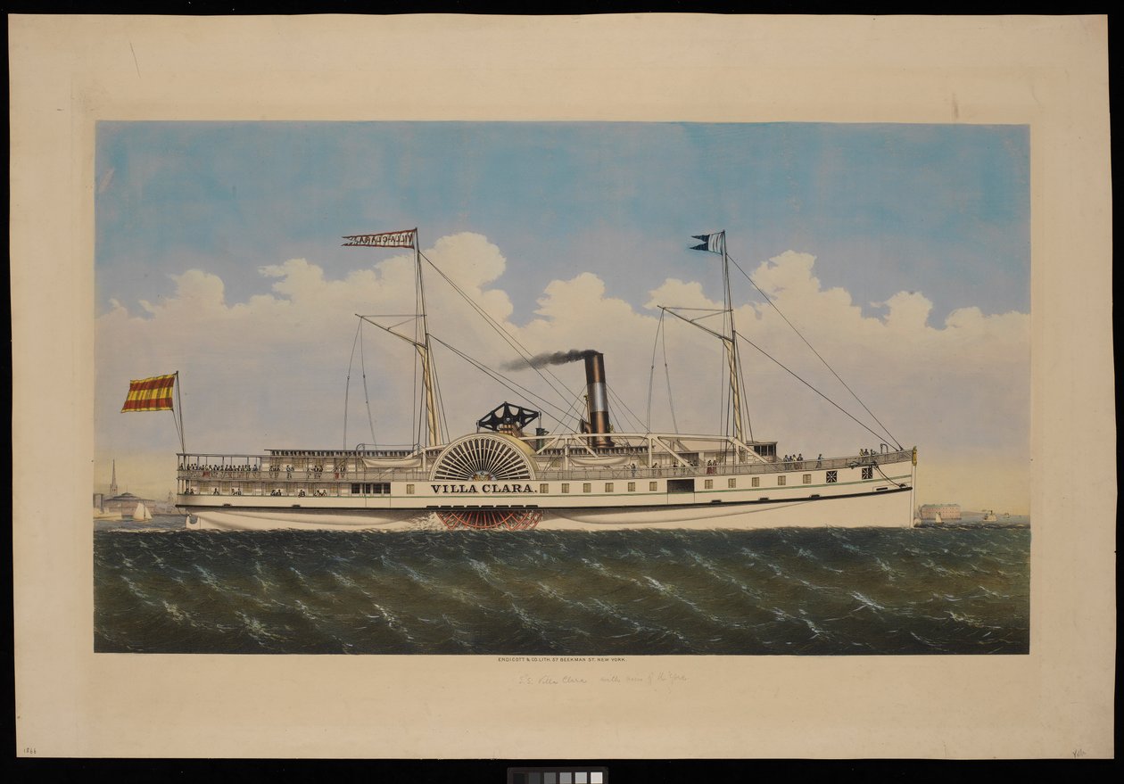 S.S. Villa Clara ja näkymä New Yorkiin (litografia, värillinen) tekijältä Endicott Endicott