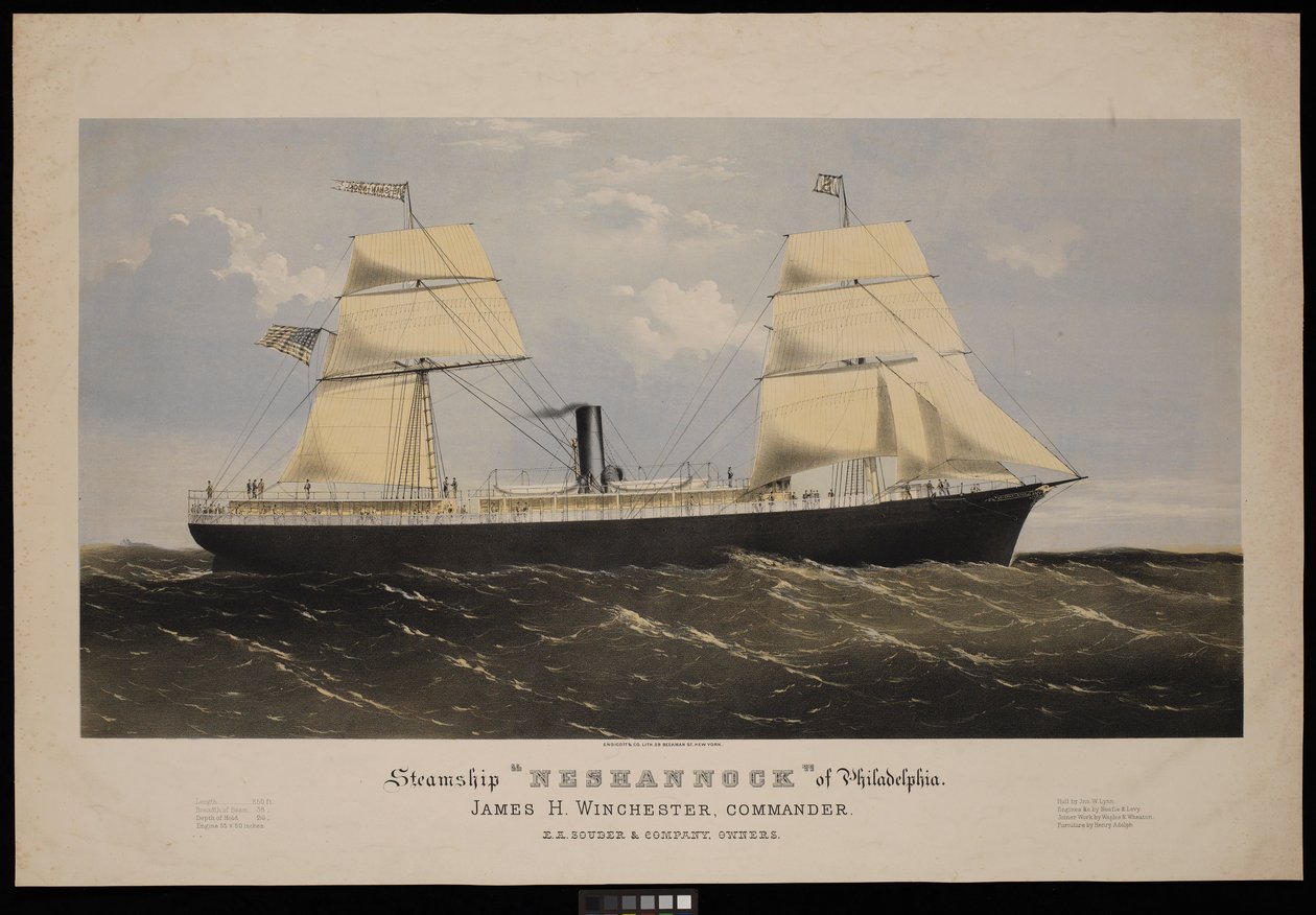 Philadelphian höyrylaiva Neshannock. James H Winchester, komentaja. E A Souder  Company, omistajat (litografia, värillinen). tekijältä Endicott Endicott