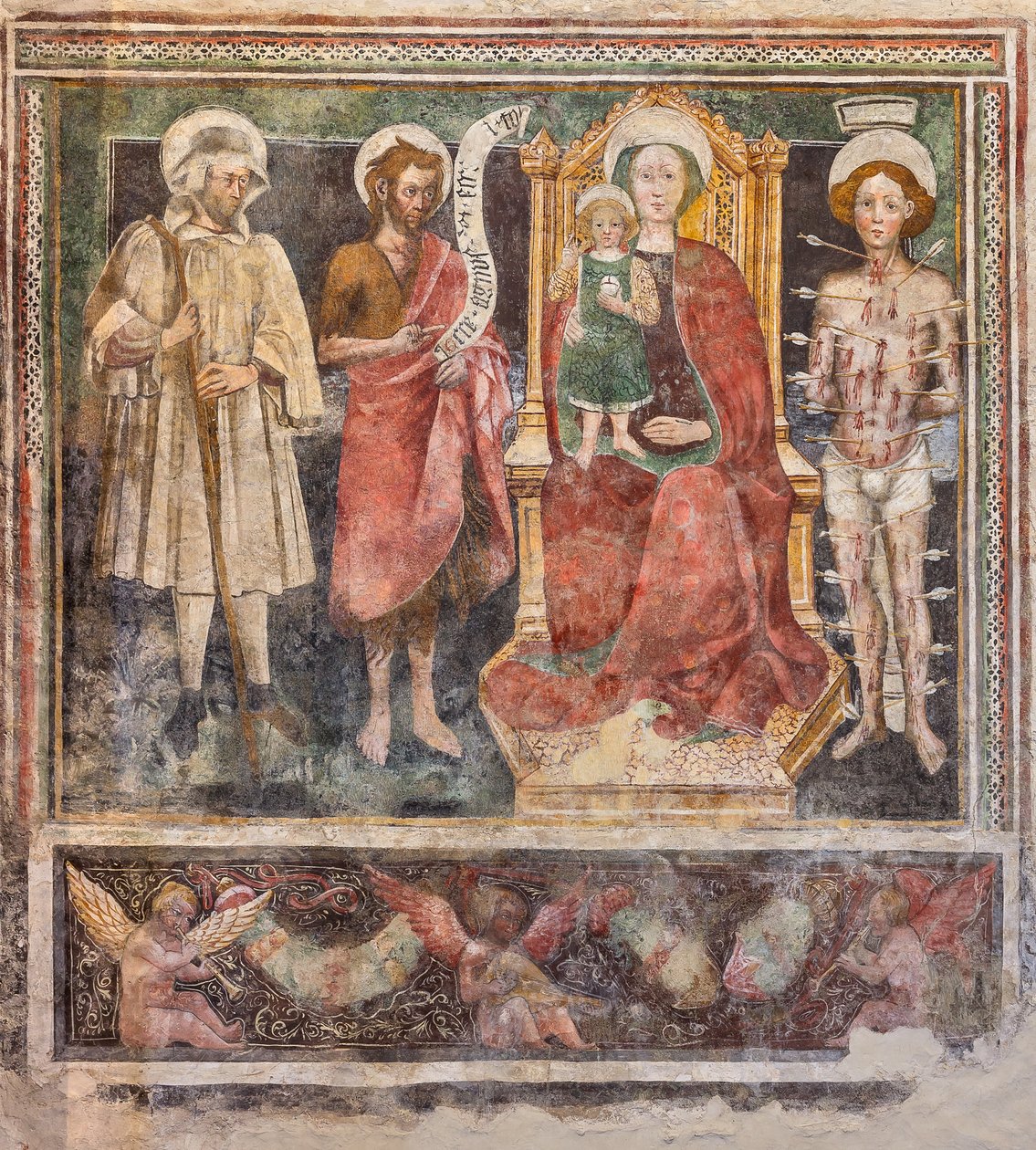 Madonna del Rosario ja pyhät, laivan oikea seinä (fresko) tekijältä Enea Salmeggia