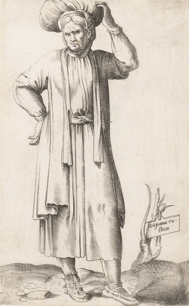 Pukulautanen: Hispania Rustica, jossa pyykki päässä, n. 1557-58. tekijältä Enea Vico
