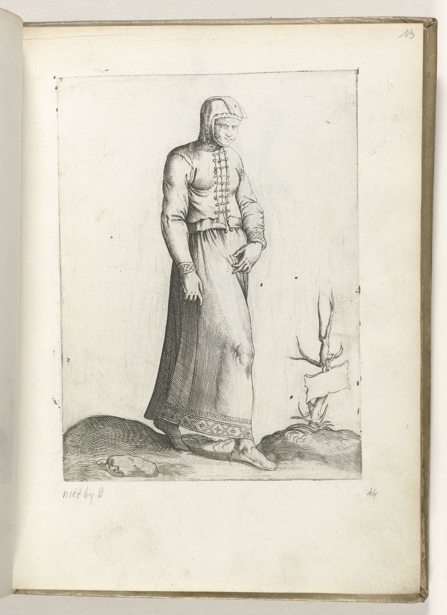 Een vrouw uit Espanjassa, gekleed volgens de mode van ca. 1550 Aikamme eri kansojen asenteet (sarjan nimi) tekijältä Enea Vico