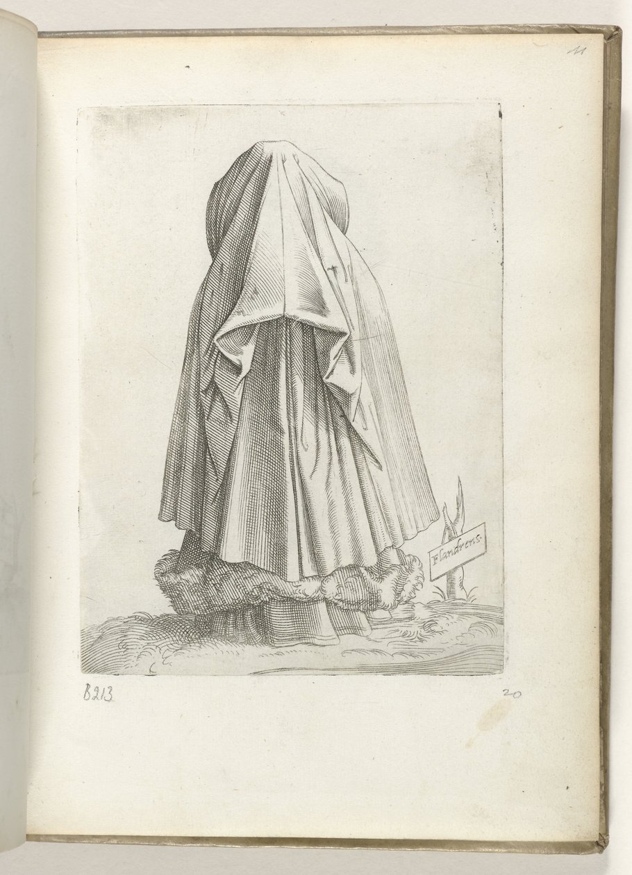 Flandres (otsikko esineessä) Een vrouw uit Vlaanderen, gekleed volgens de mode van ca. 1550 Aikamme eri kansojen asenteet (sarjan nimi) tekijältä Enea Vico