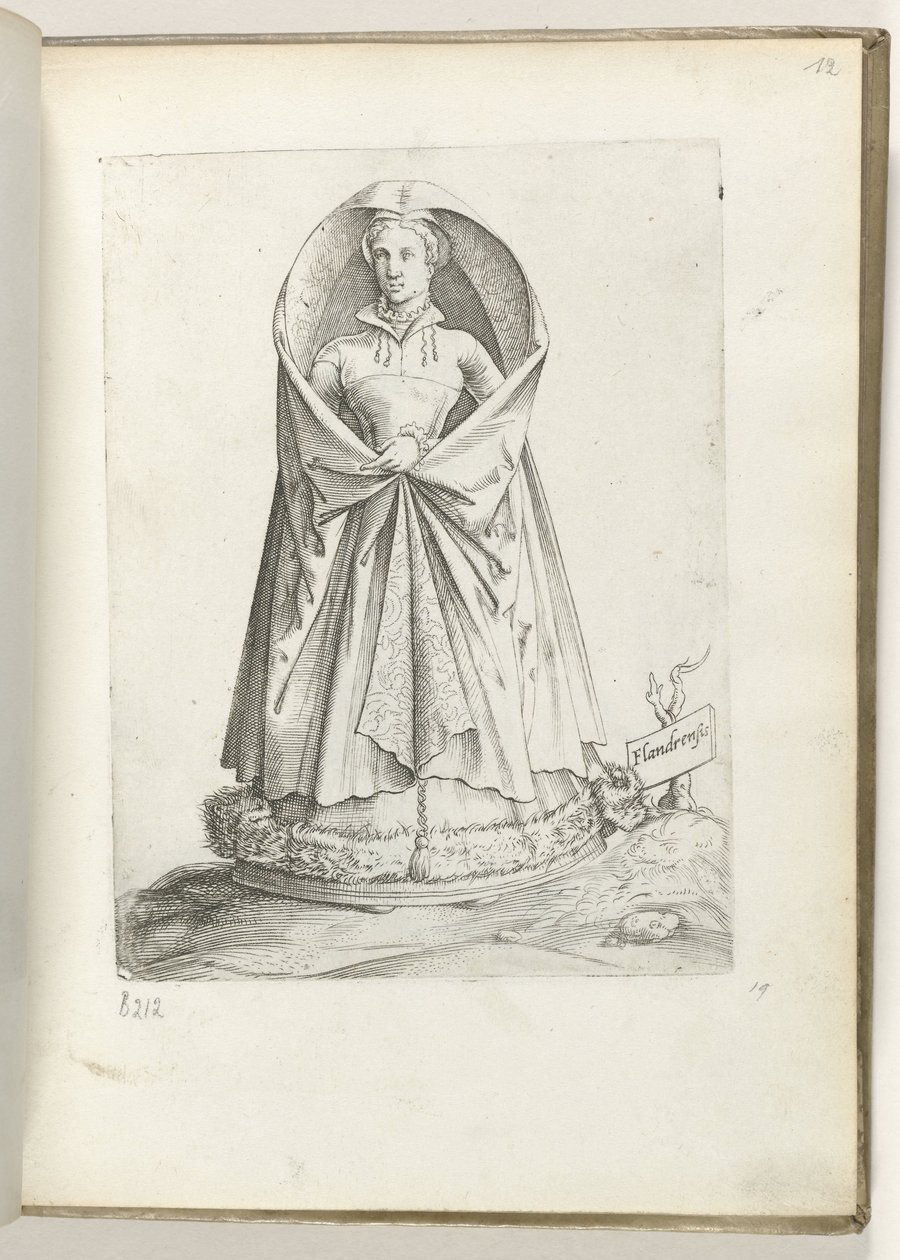 Flanderi (otsikko esineessä) Een vrouw uit Vlaanderen, gekleed volgens de mode van ca. 1550 Aikamme eri kansojen asenteet (sarjan nimi) tekijältä Enea Vico