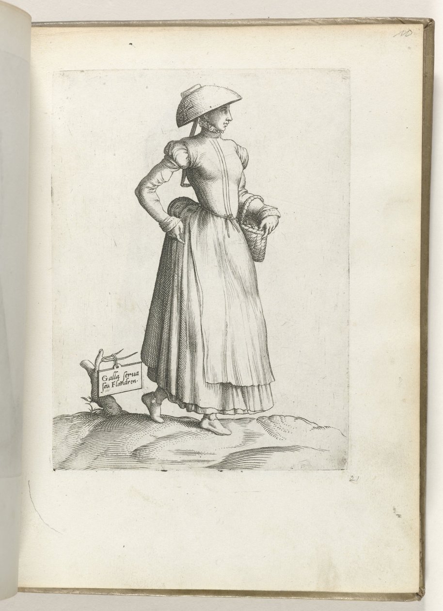 Pidä Galla tai Flandren. (otsikko esineessä) Dienstbode uit Vlaanderen, gekleed volgens de mode van ca. 1550 Aikamme eri kansojen asenteet (sarjan nimi) tekijältä Enea Vico
