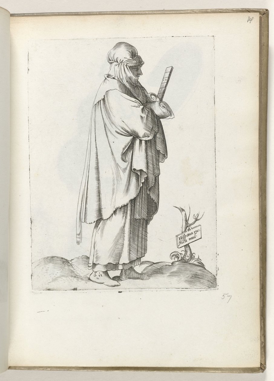 Espanjalainen maalaisnainen (otsikko esineessä) Vrouw naar rechts, gekleed espanjaksi kleding ca. 1550 Aikamme eri kansojen asenteet (sarjan nimi) tekijältä Enea Vico