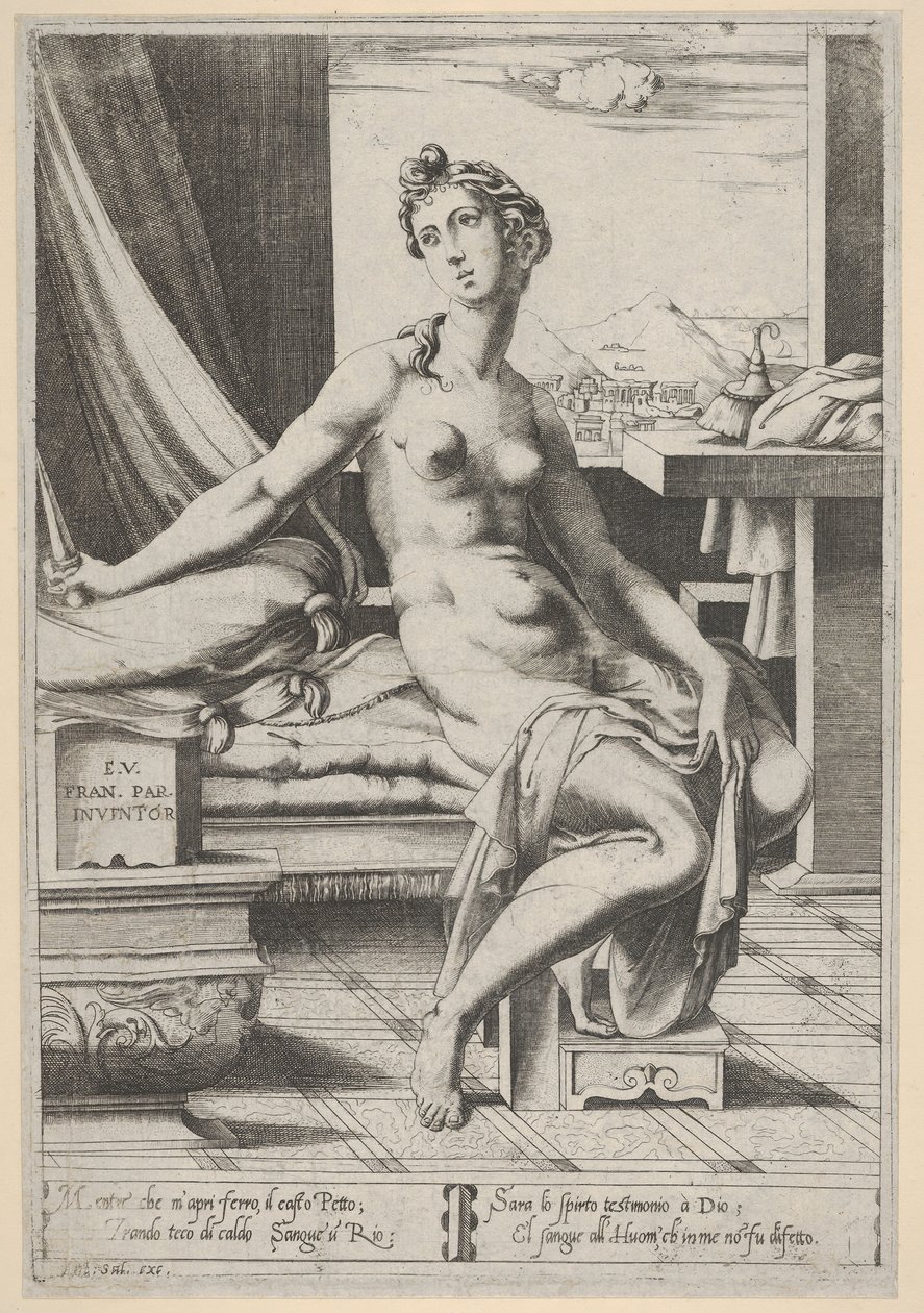 Lucretia alasti ja istuu ikkunan edessä, tikari oikeassa kädessään ja pitelee..., n. 1535-67. tekijältä Enea Vico