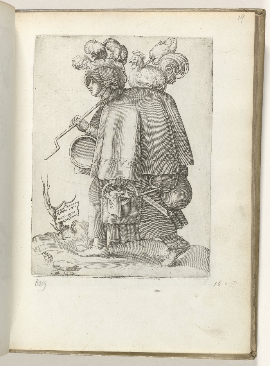 Saksalaisen sotilaan vaimo (nimi esineessä) Duitse soldatenvrouw, gekleed volgens de mode van ca. 1550 Aikamme eri kansojen asenne tekijältä Enea Vico