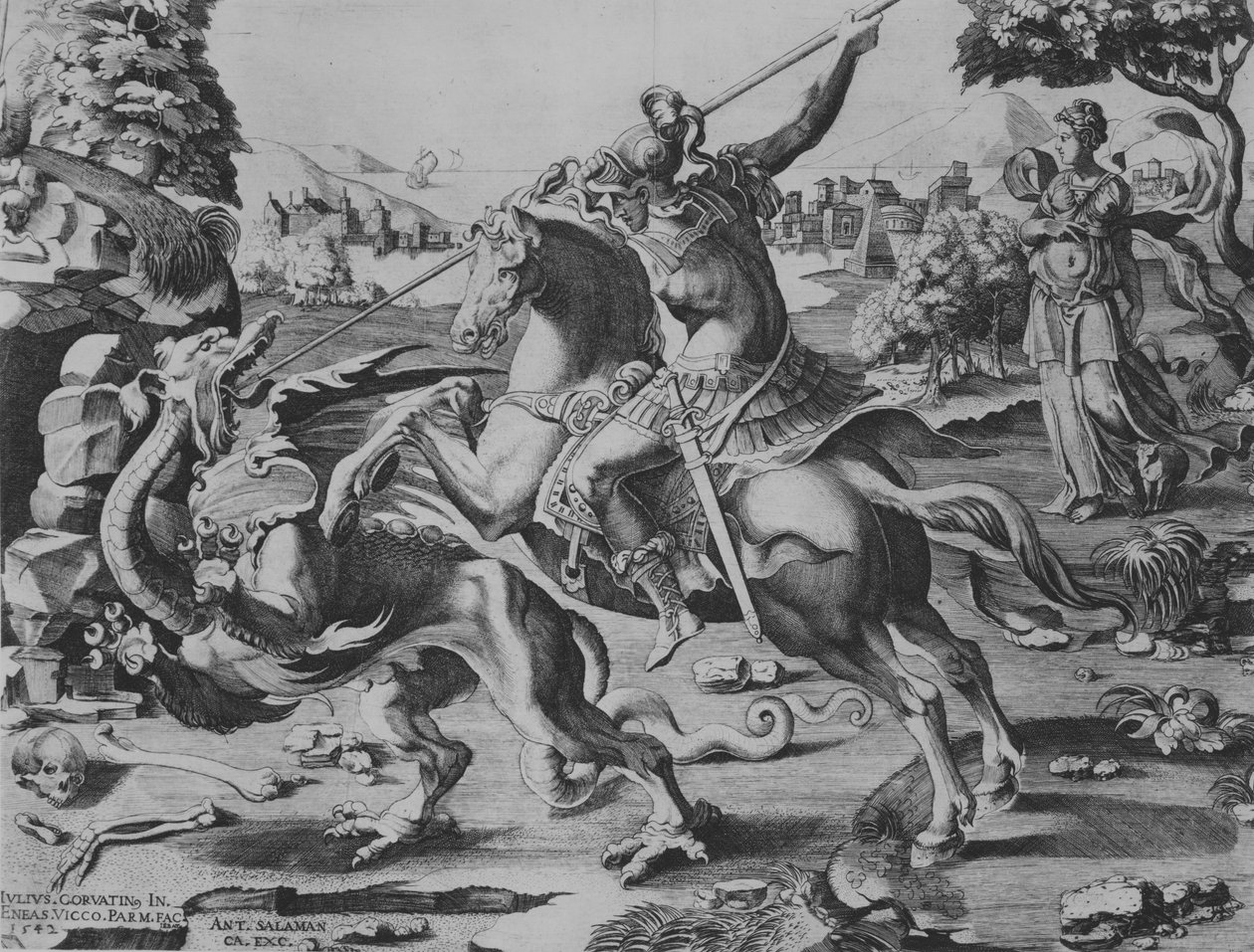 Pyhä Yrjö tappaa lohikäärmeen, 1542. tekijältä Enea Vico