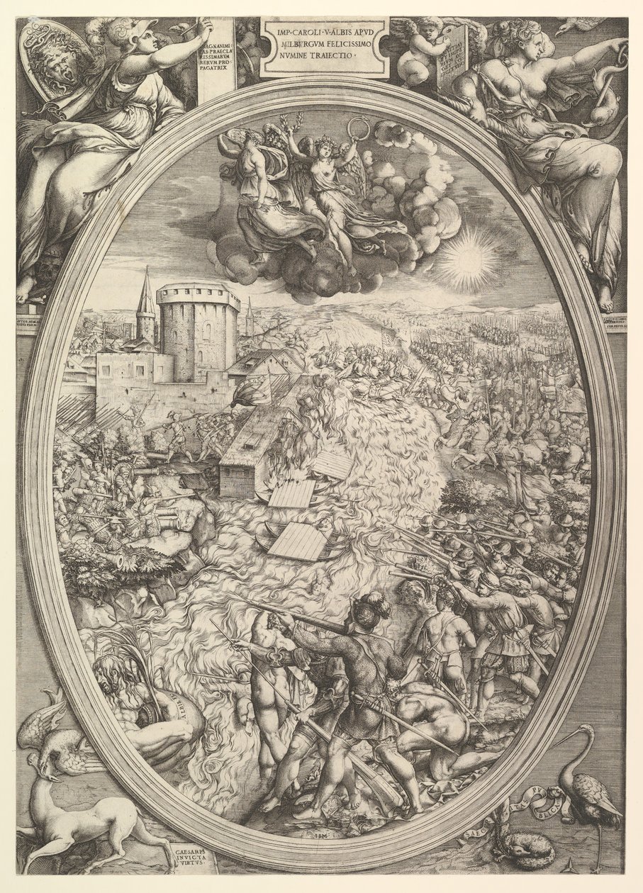 Mühlbergin taistelu Kaarle V:n armeijan ylittäessä Elbe-joen, 1551. tekijältä Enea Vico