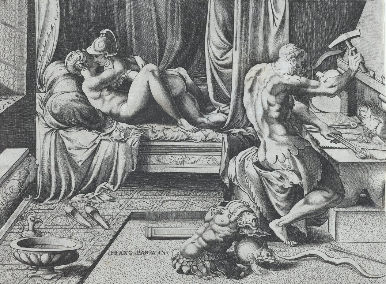 Venus ja Mars syleilevät Vulcan Worksissa hänen pajassaan, 1543. tekijältä Enea Vico