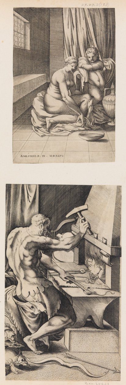 Venus wc:ssä ja Vulcan työskentelee pajassaan, n. 1546. tekijältä Enea Vico