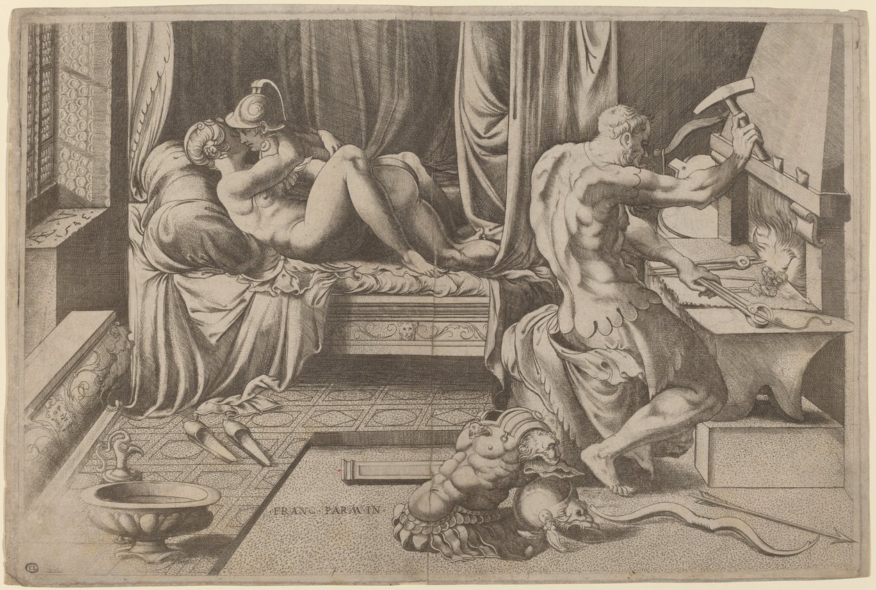 Venus ja Mars halaavat Vulcanin kanssa hänen Forgessaan tekijältä Enea Vico after Parmigianino