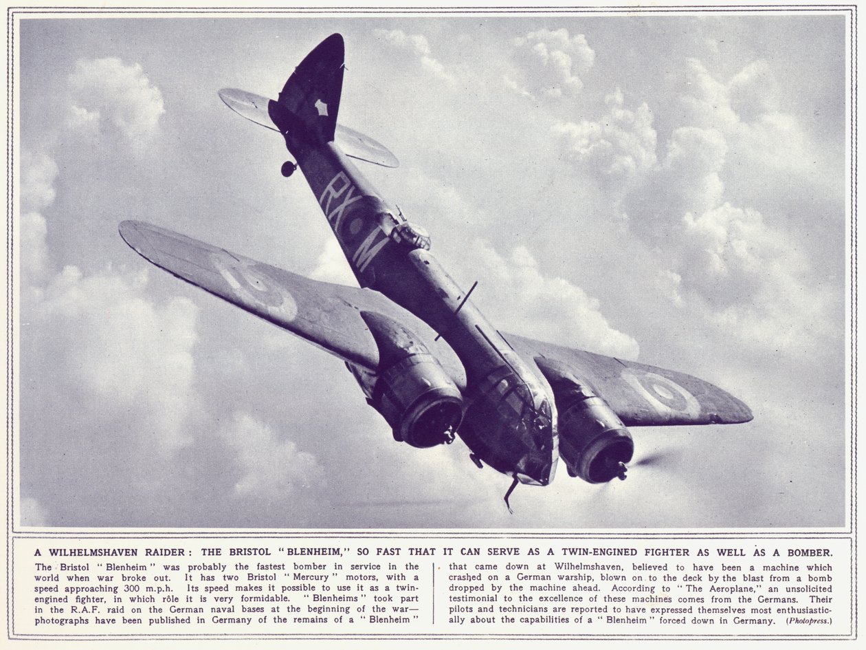 A Bristol Blenheim, The Illustrated War News, julkaistu 22. marraskuuta 1939 tekijältä English Photographer
